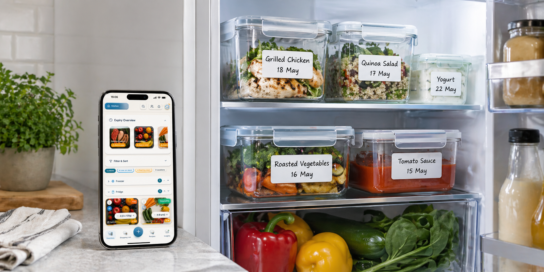 Fridge leftovers scene with a Chefito phone beside labeled containers.