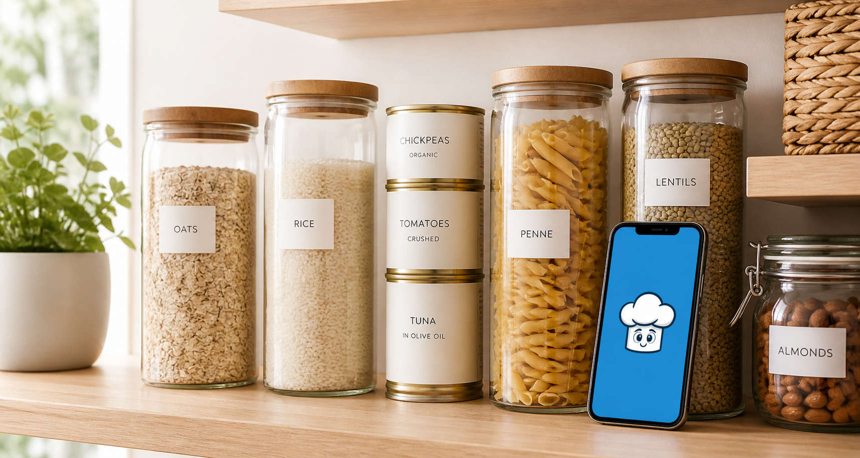 Clean pantry shelf scene with a Chefito phone on the right.