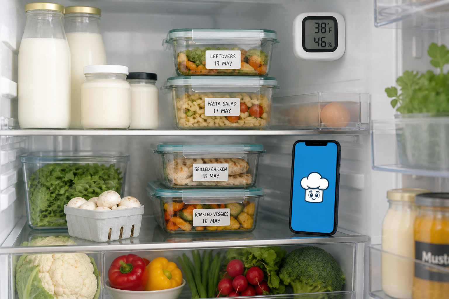 Fridge organization scene with leftovers, labels, and a thermometer.