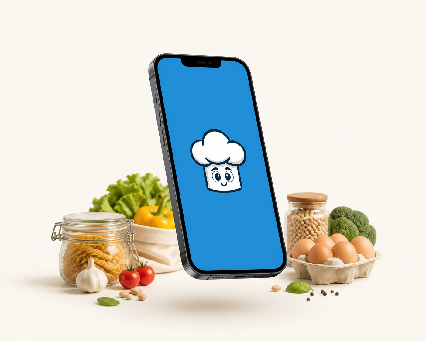 Chefito phone hero product shot with staple groceries around it.