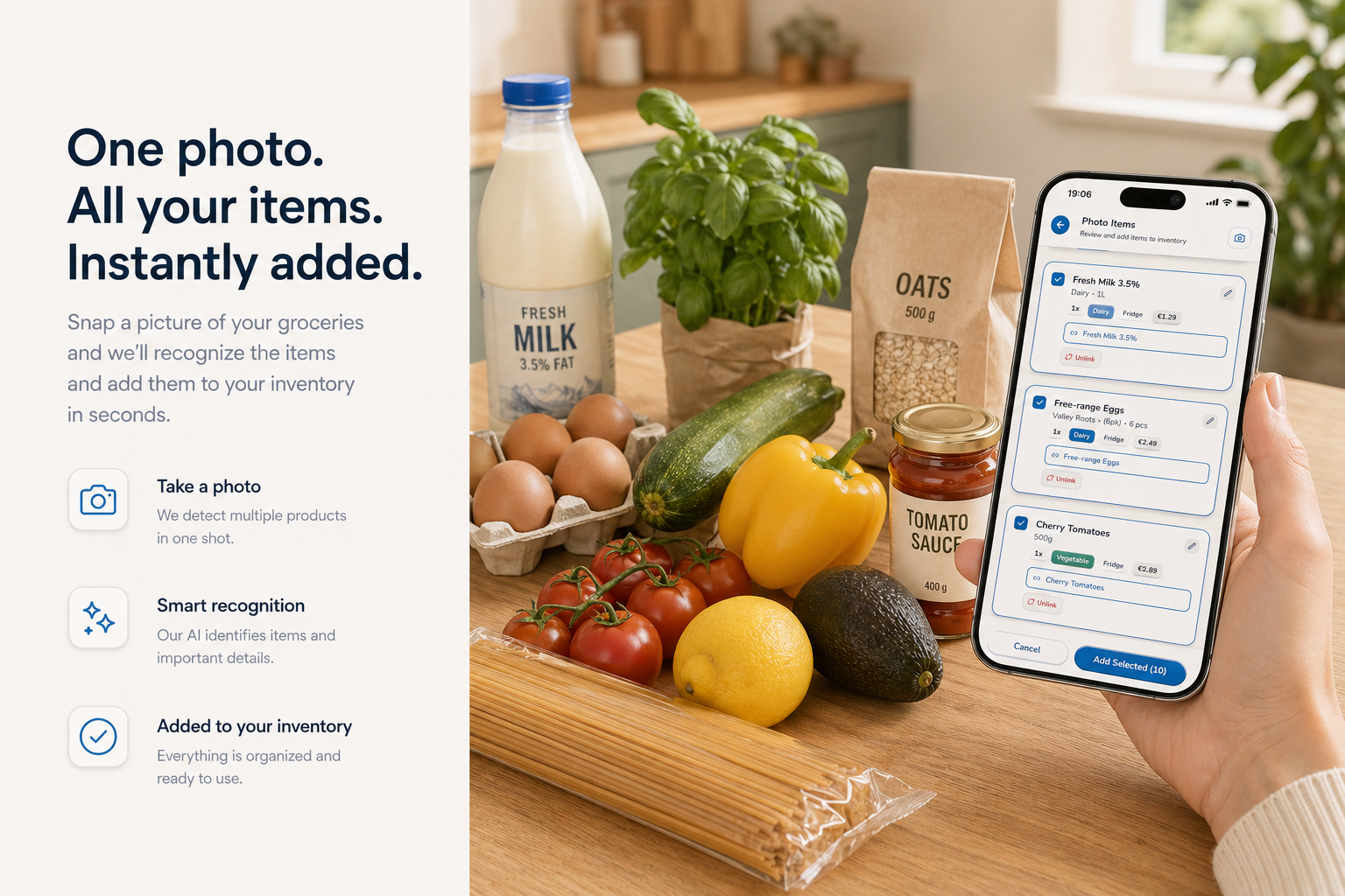 Grocery photo import visual with a phone and groceries on a kitchen table.