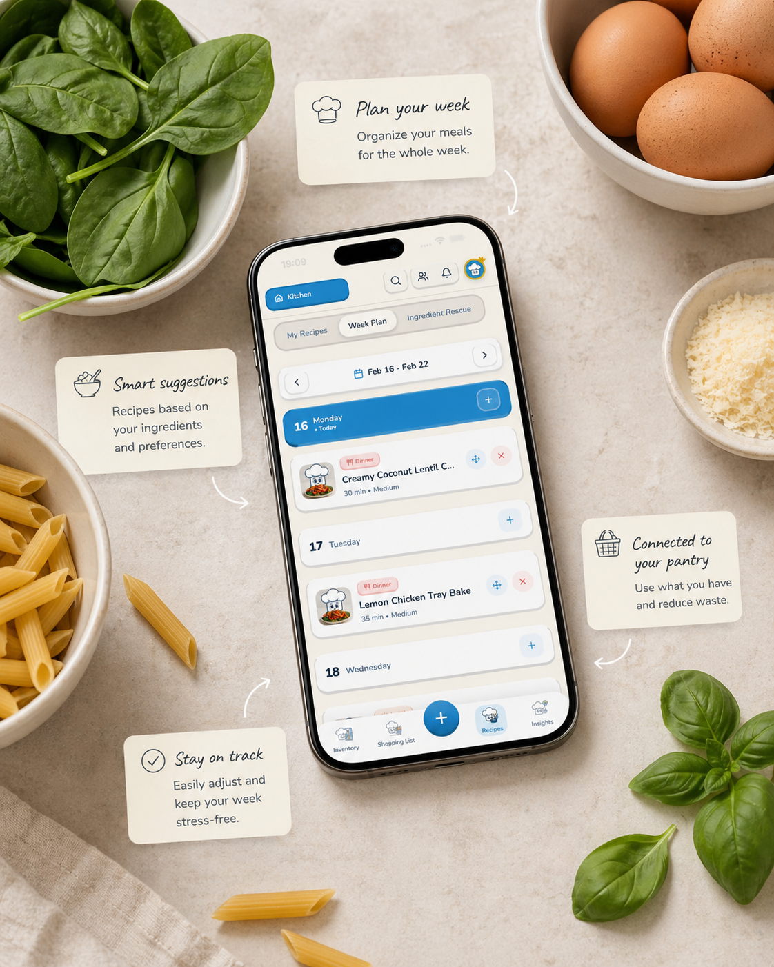 Chefito meal planning shown on a phone with groceries nearby.