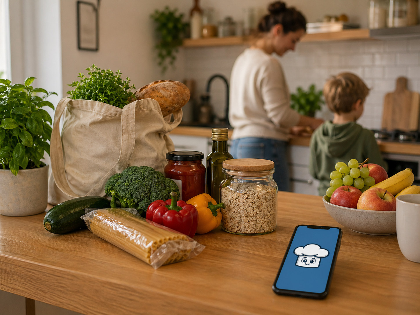 Warm family kitchen scene with groceries and Chefito nearby.